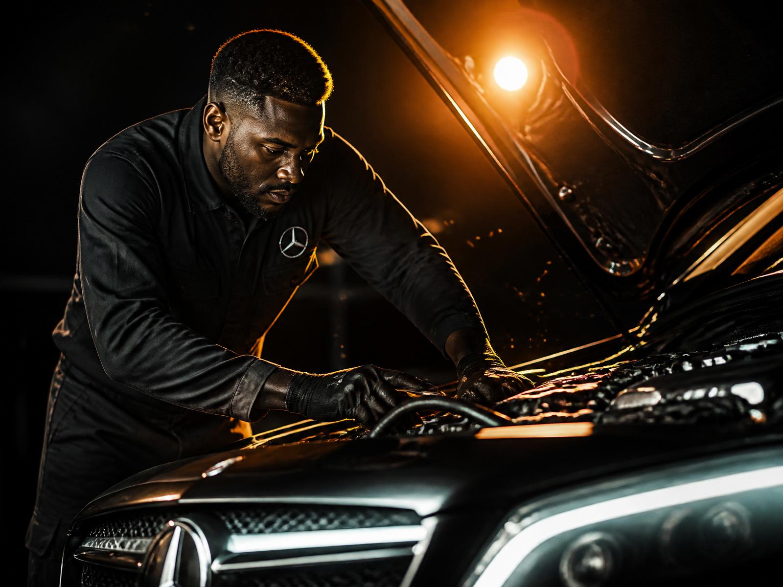 Certified mobile mechanic servicing a luxury vehicle at night